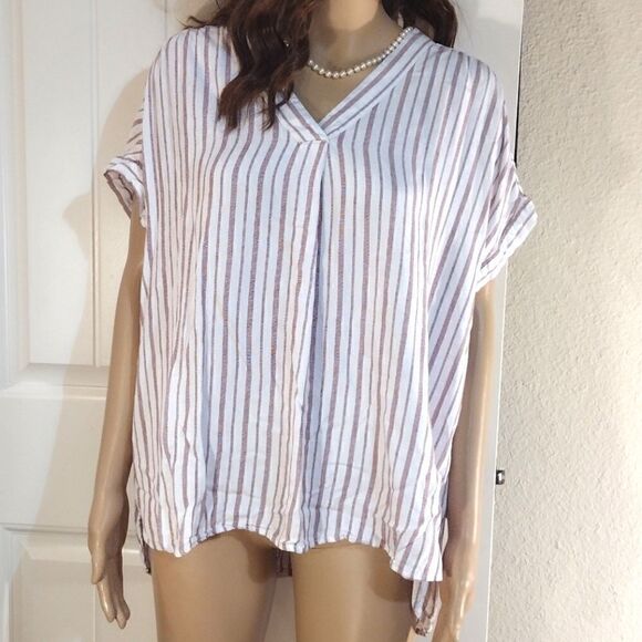 Nine West Jeans Women's Size XL Red Striped Short Sleeve Blouse - Picture 1 of 9
